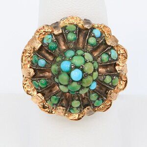 Vintage Large MCM Sculptured 10K Gold & Sterling Silver Turquoise Cabochons Ring